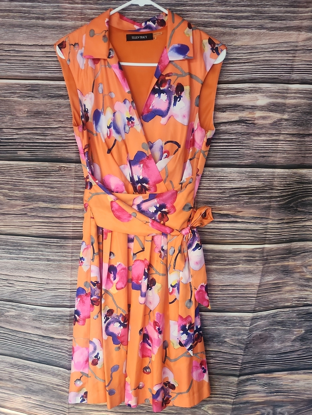 Ellen Tracy Orange Floral Wrap Dress with Pink & Purple Blooms
